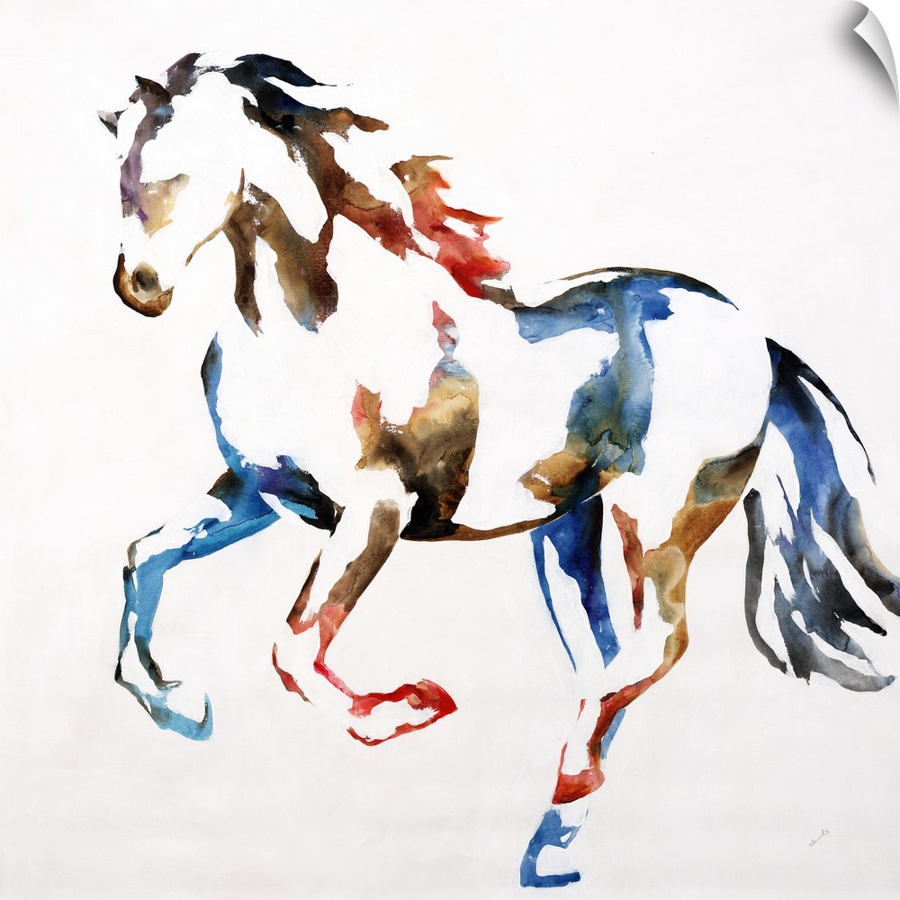 Square artwork with a colorful silhouette of a horse on a white background.