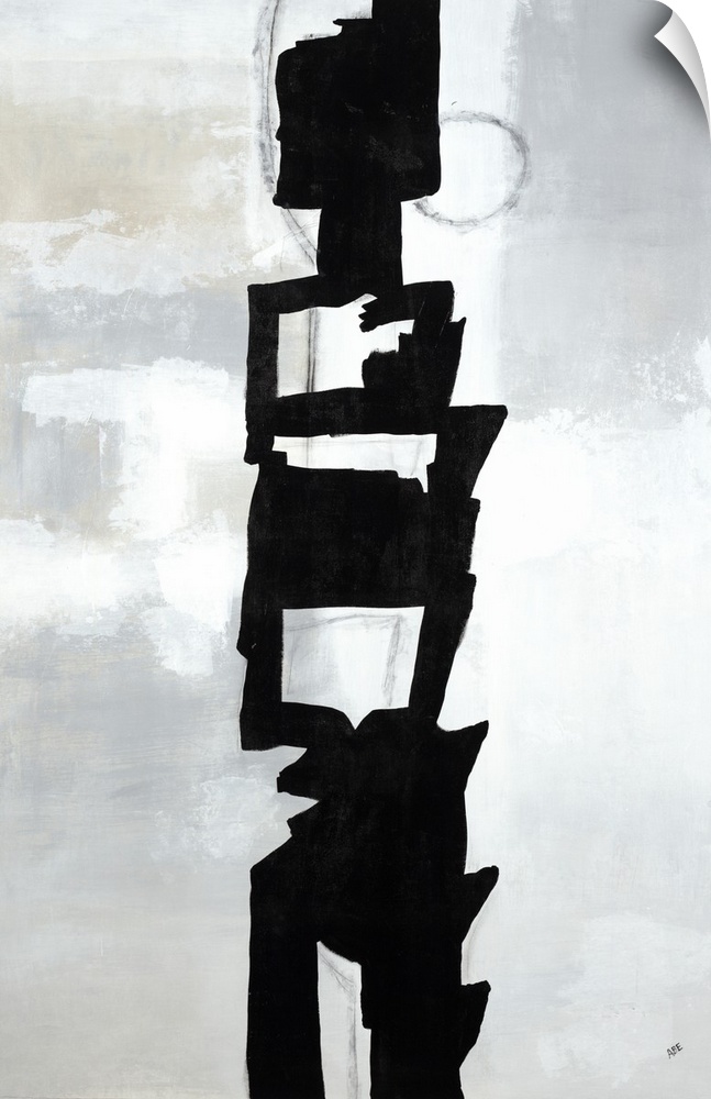 Large vertical painting of a black abstract shape in the center of a gray background.