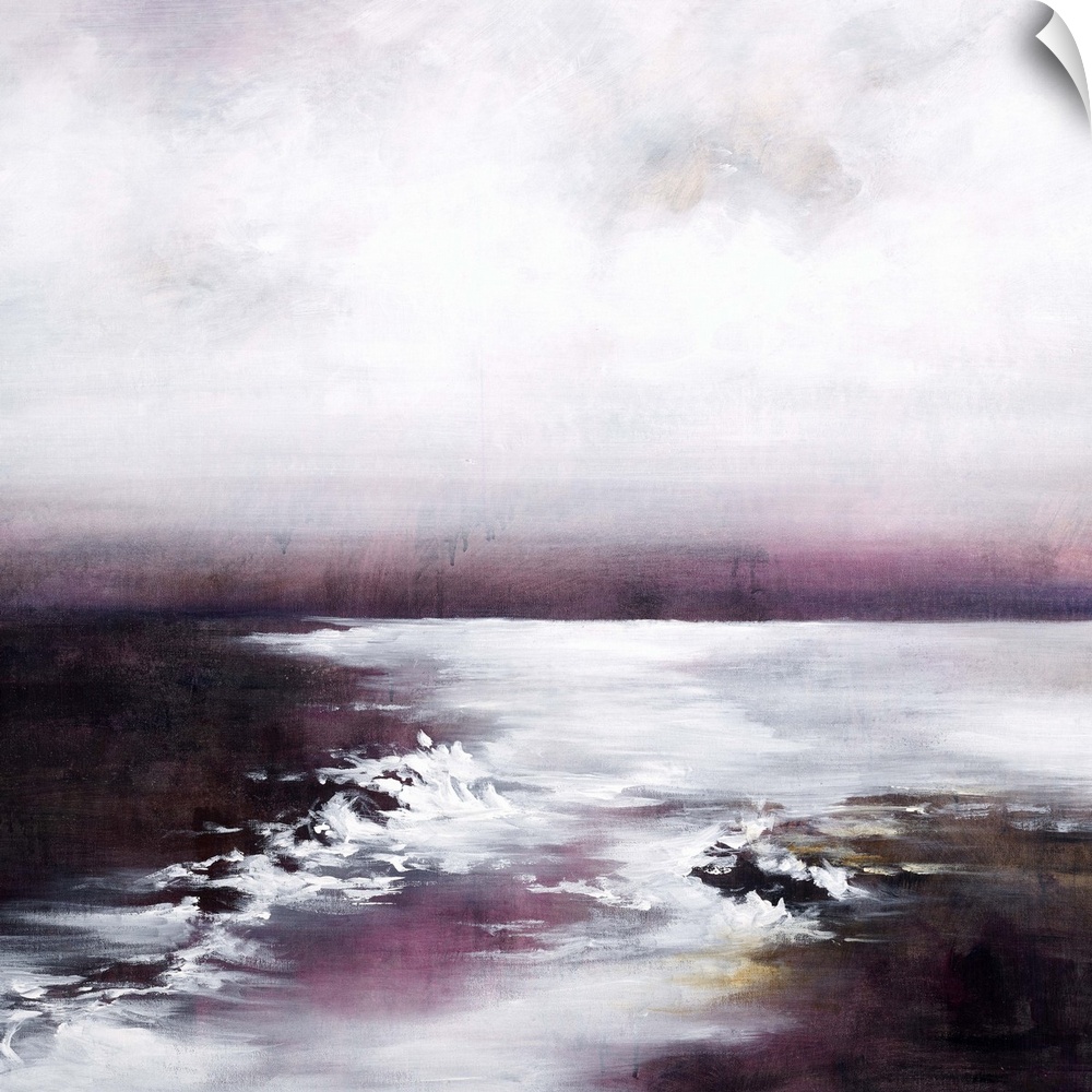 Contemporary painting of a calm seascape with pink tones.