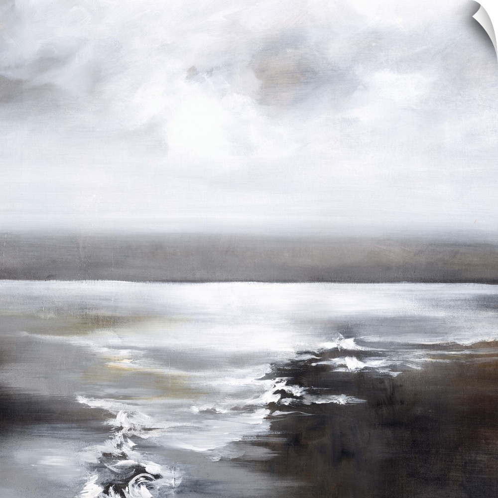 Contemporary painting of a calm seascape with grey tones.
