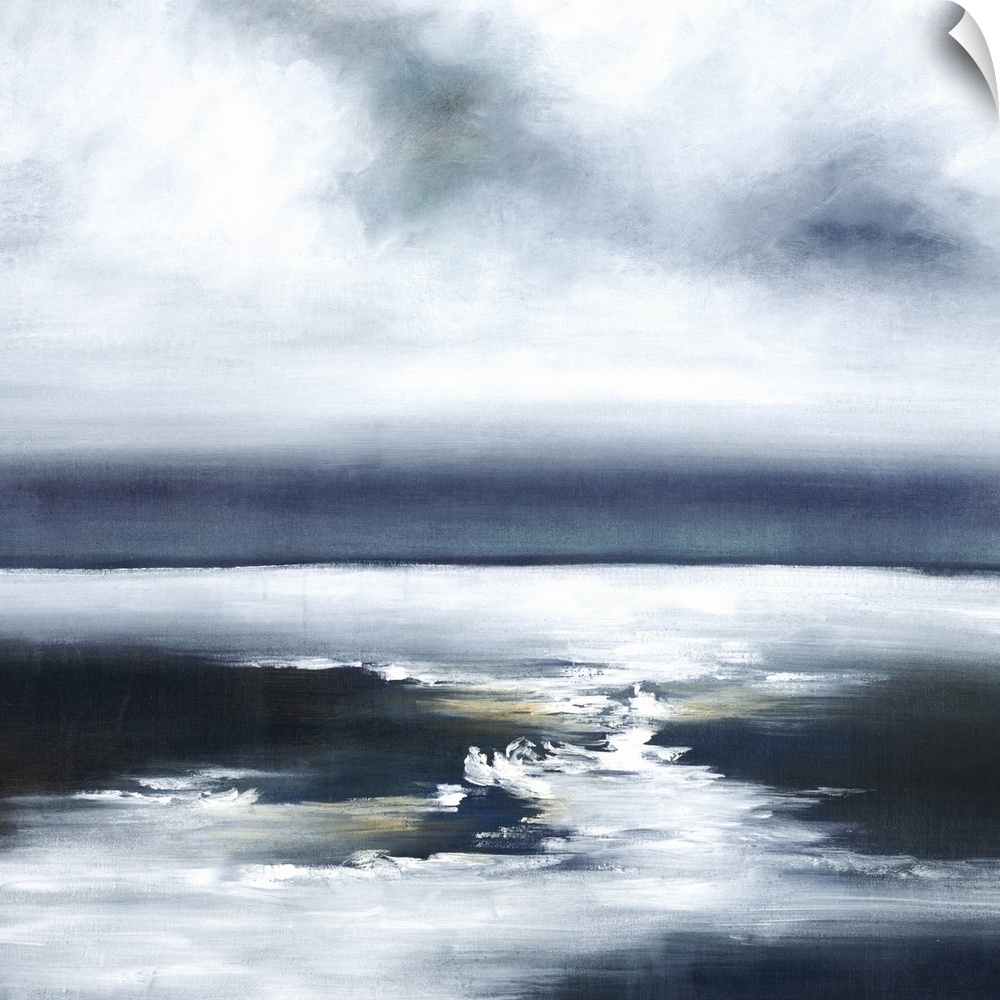 Contemporary painting of a calm seascape with blue tones.
