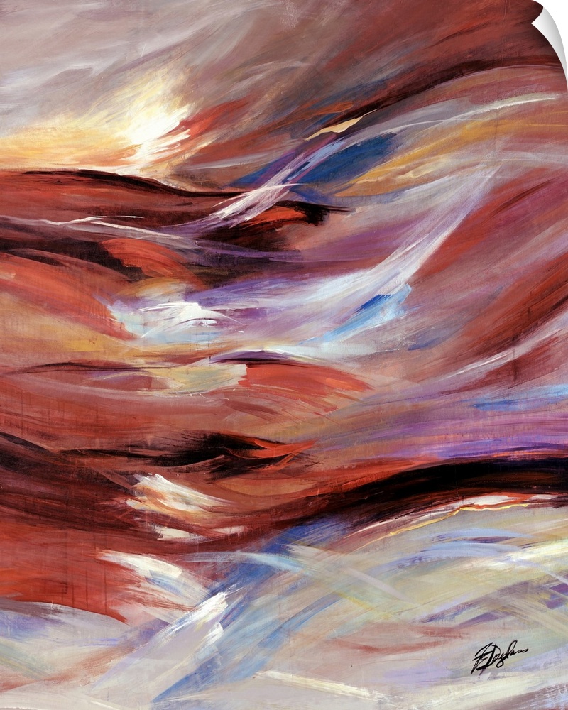 Vertical, oversized artwork for a living room or office of horizontal, wavelike brushstrokes in warm tones that meet rough...