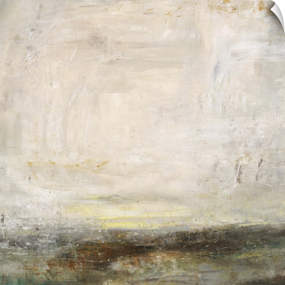 Abstract painting of a bare landscape beneath a light, cloudy sky as the sun is setting on the horizon.