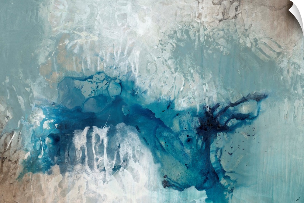 Abstract painting dark teal splattered against a pale blue toned background.
