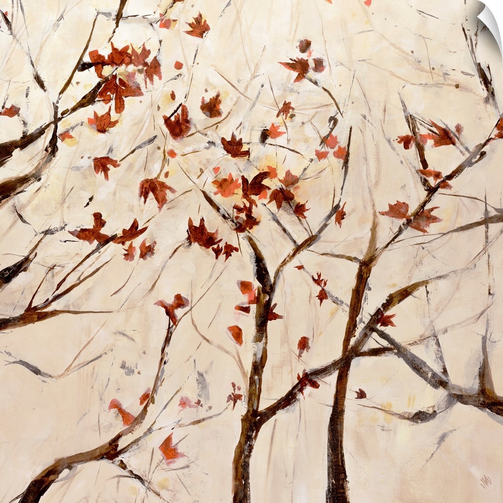 Contemporary painting of several thin branched trees with scattered fall leaves.