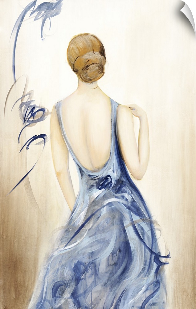 Large painting of a woman in a blue dress with her back towards the viewer.