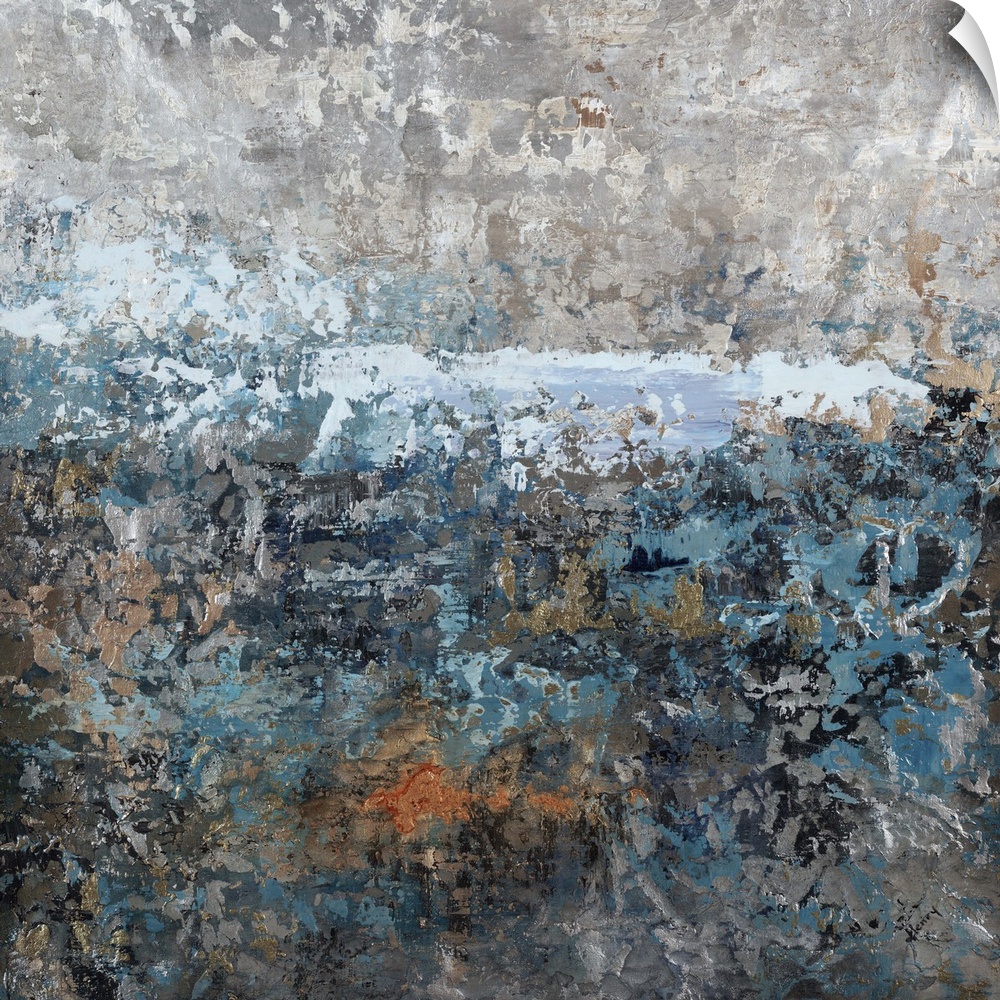 Abstract painting using textured looking blue and gray tones to form what almost appears as a landscape.