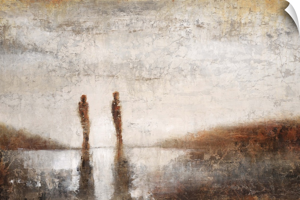 Contemporary painting of two silhouetted figures casting shadows in the distance.