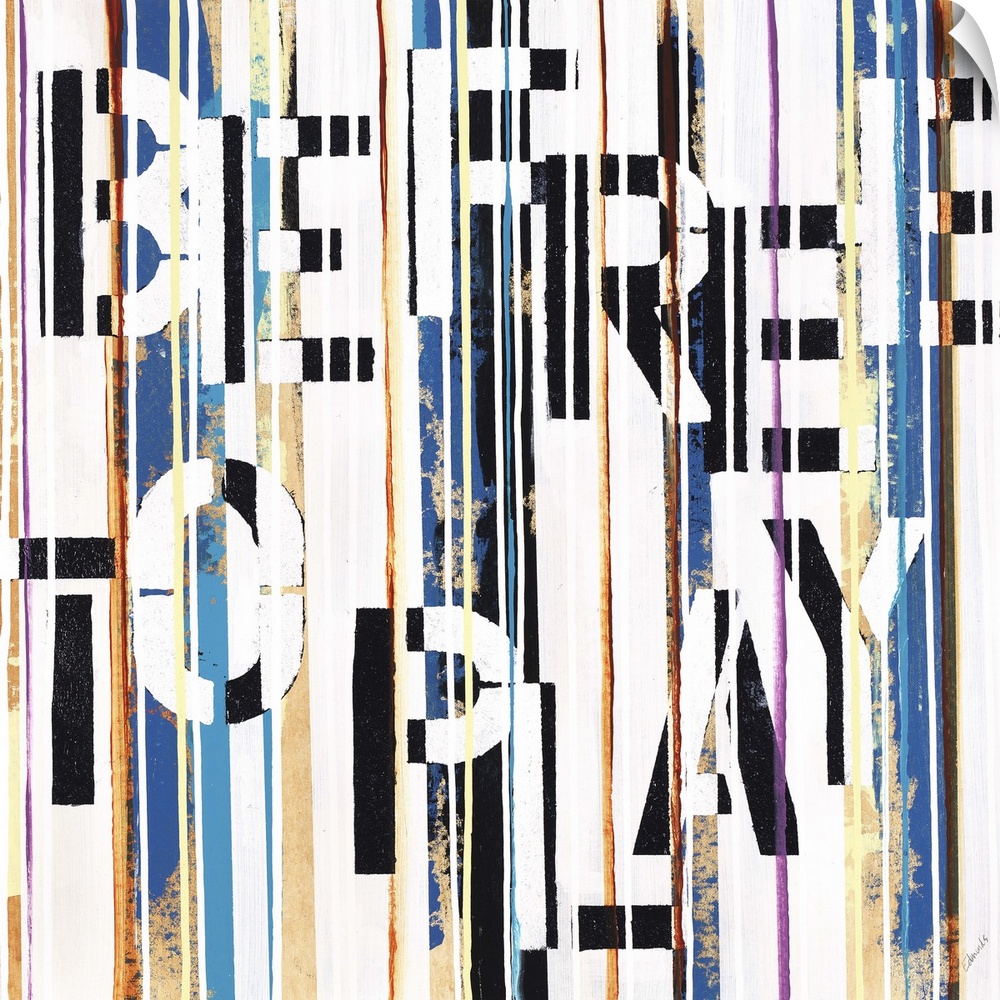 Contemporary artwork with the text "be free to play" hidden in vertical stripes.