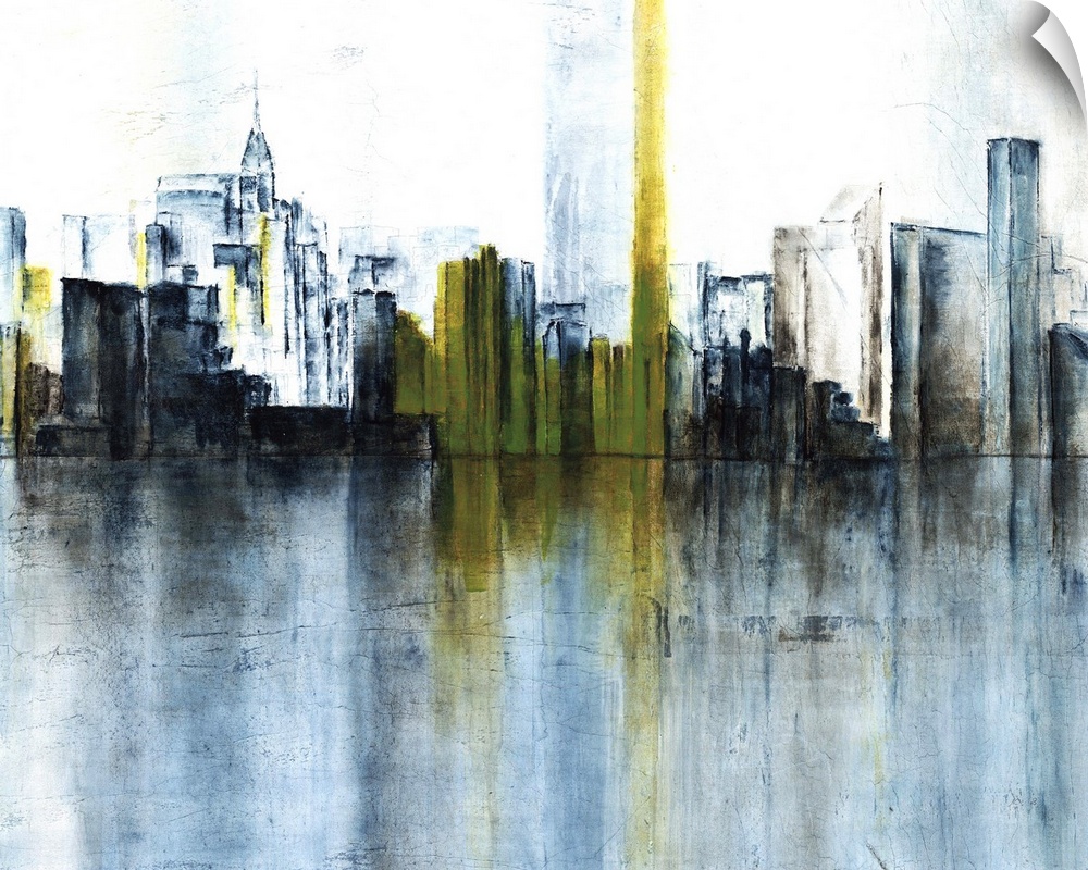 Contemporary abstract painting using dark colors to convey a city skyline.