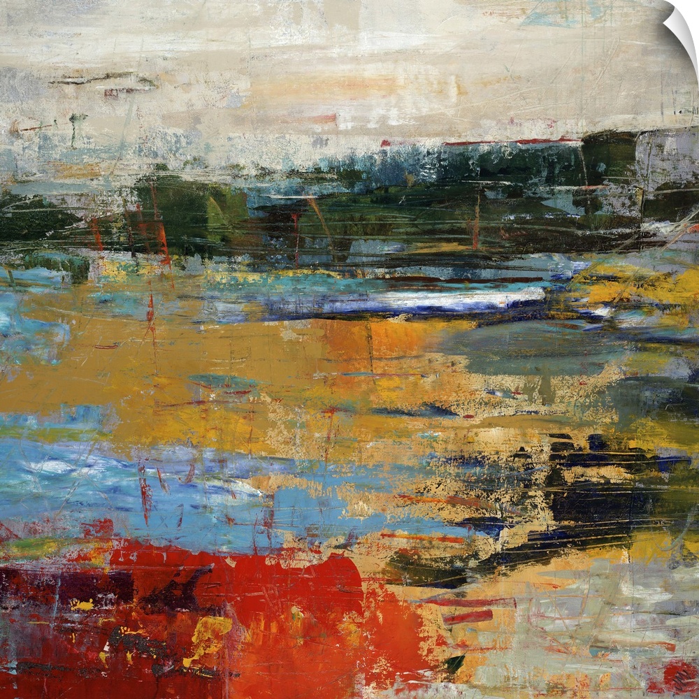 Abstract landscape painting of a golden sunset along a vibrant shoreline.