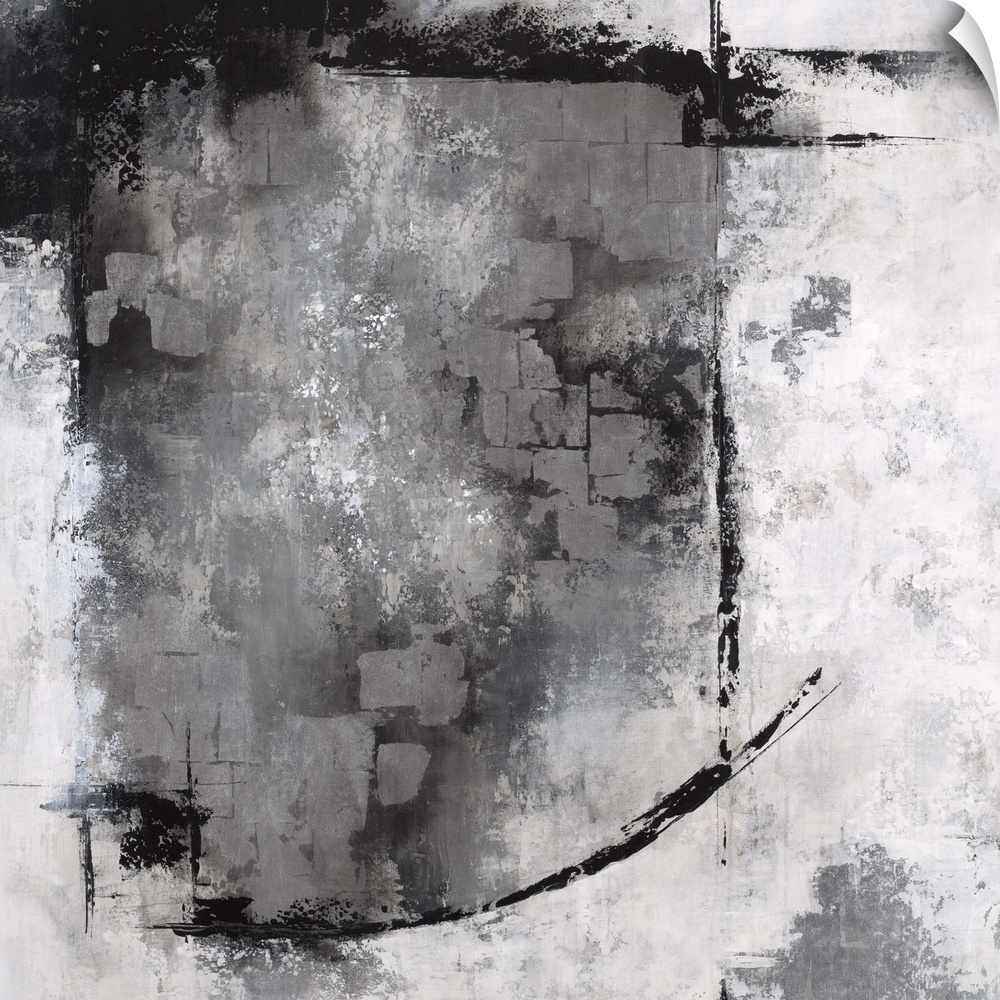 Abstract contemporary artwork in grey, black, and white, with a heavy textured effect.