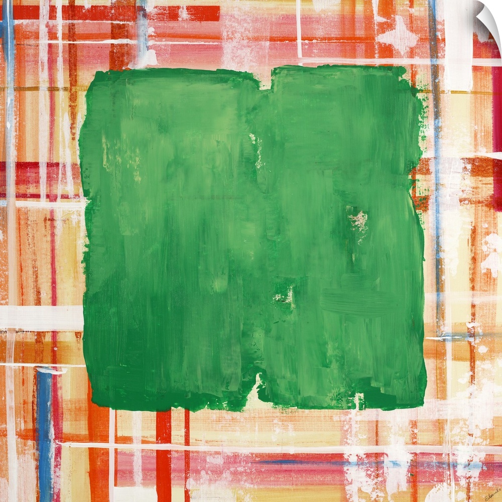 Contemporary abstract with a green square shape over a plaid design.