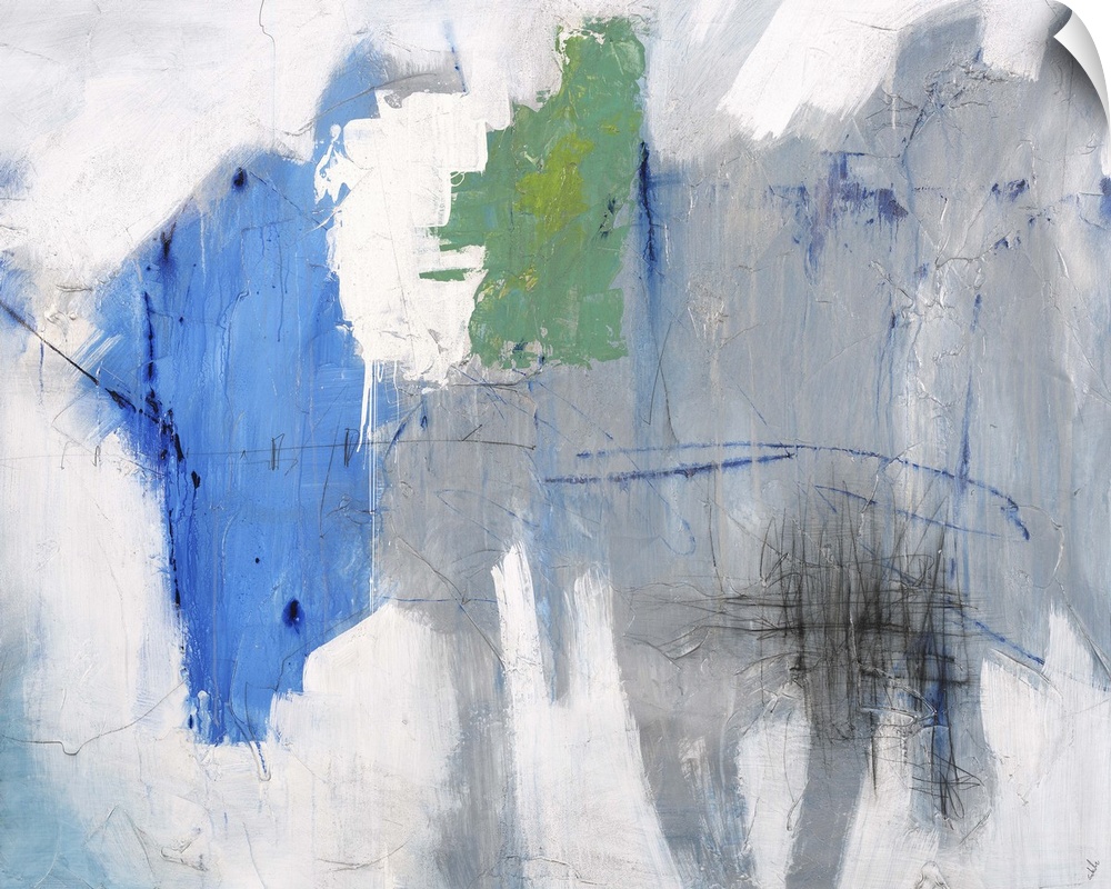 Contemporary abstract painting of a gray toned background with pops of blue and green.