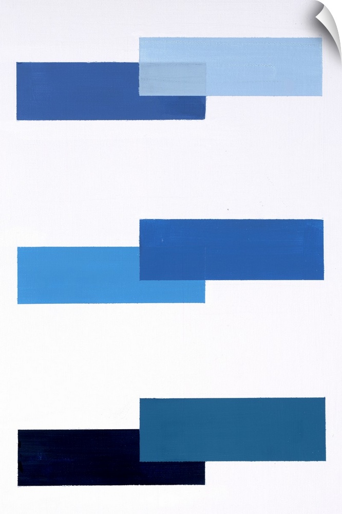 Geometric abstract painting with a solid white background and various shades of blue rectangles placed in a pattern.