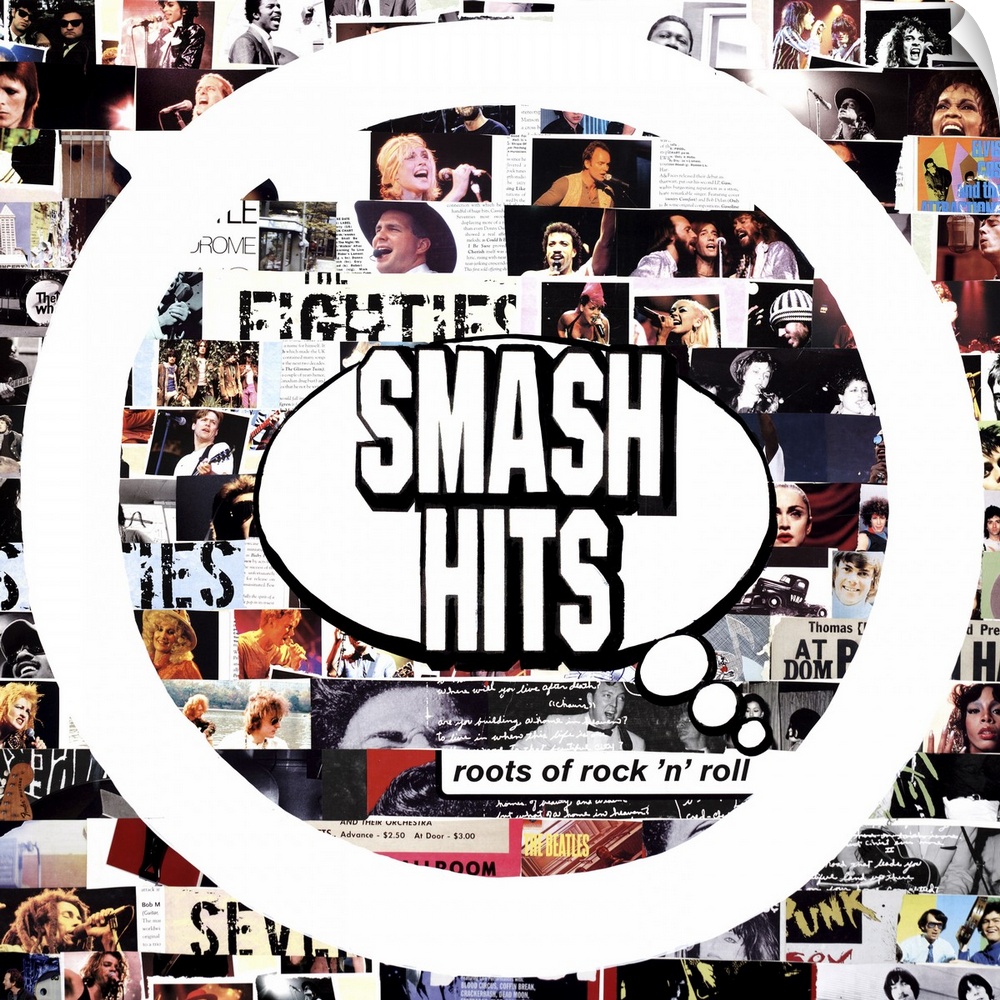A square collage with "Smash Hits" in the center and images of famous musicians in the background.