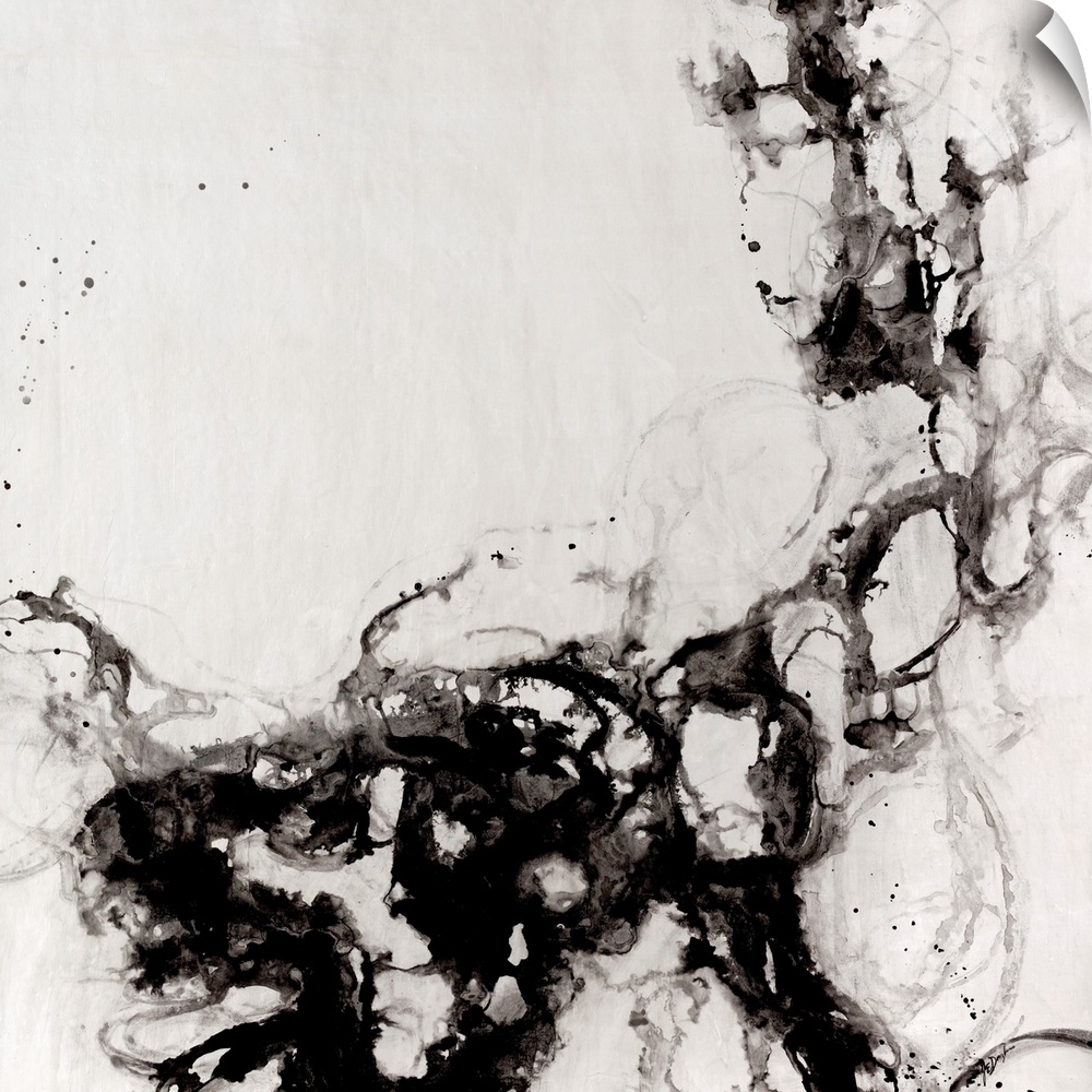 This sizeable piece of abstract artwork shows smoke like patterns contained to the bottom and right side of the print.