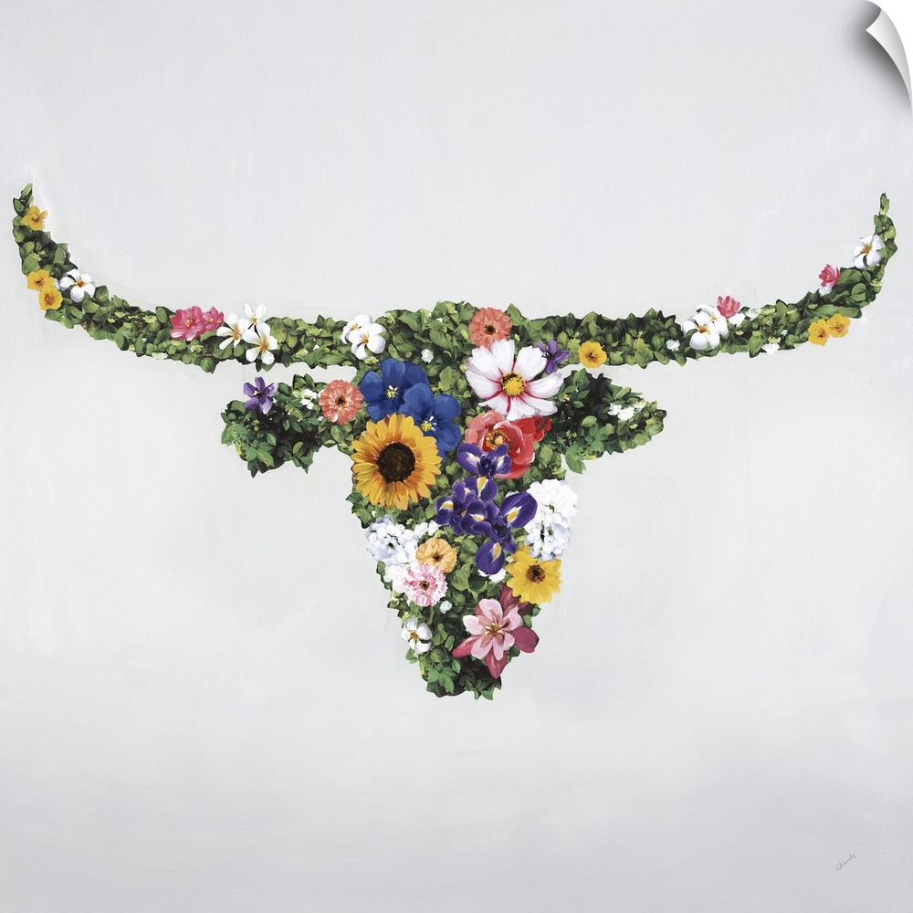 Floral silhouette of a bull with horns.