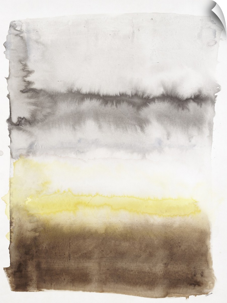 Contemporary watercolor painting of horizontal blending brush strokes of brown, yellow and gray.