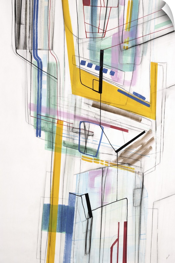 Large vertical modern artwork of multi-colored lines interlacing.