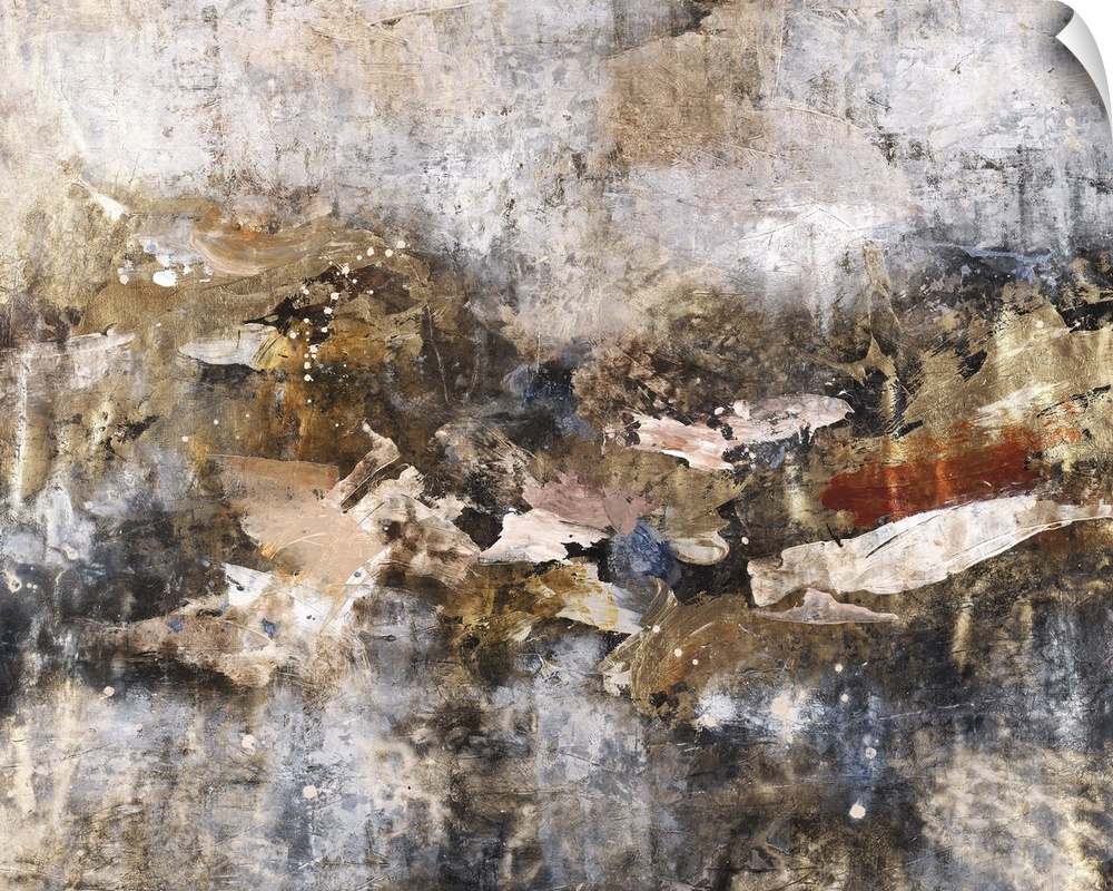 Contemporary abstract painting using weathered and decayed textures and dark colors.