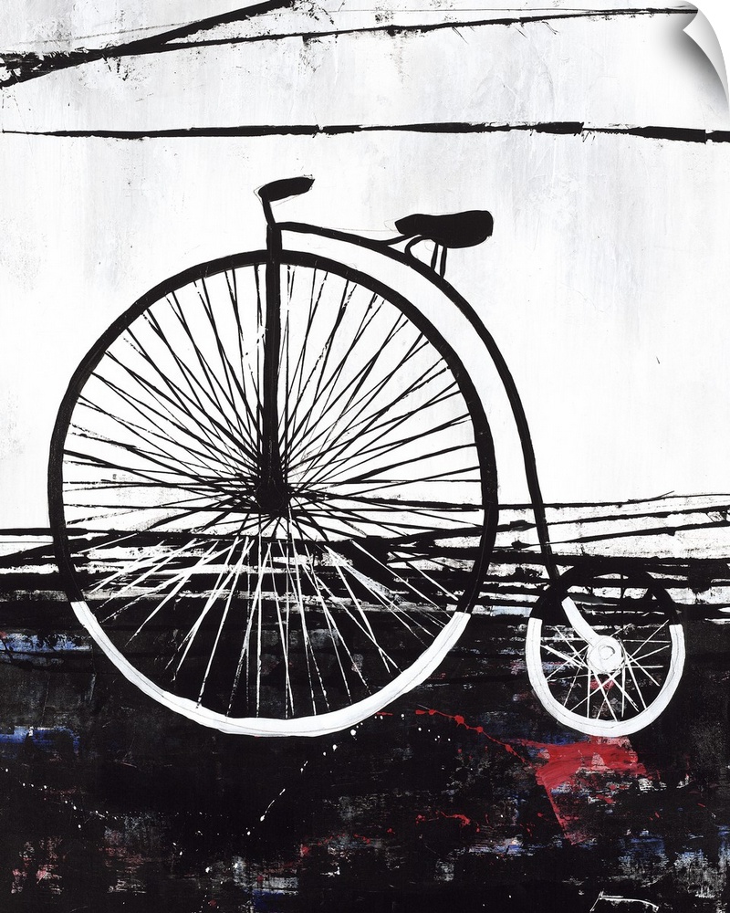 Contemporary painting of a penny-farthing bicycle in black and white with small hints of red and blue on the bottom half.