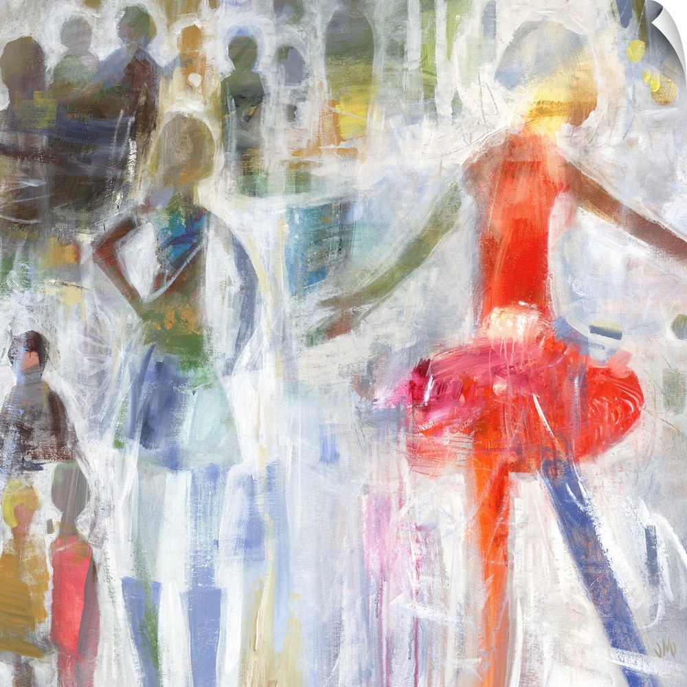 Contemporary painting of several figures watching a dancer in a red dress.