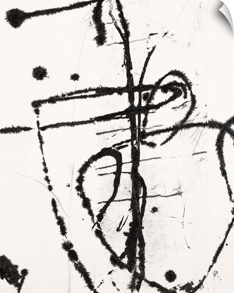 Contemporary abstract painting of black painted lines against a white background.