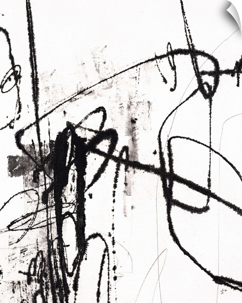 Contemporary abstract painting using bold black lines against a white surface.