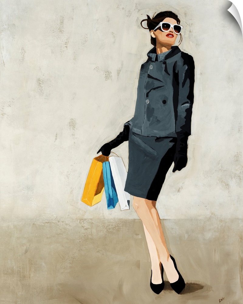 Contemporary painting of a fashionable woman in a grey skirt and jacket, looking upward through large sunglasses, as she h...