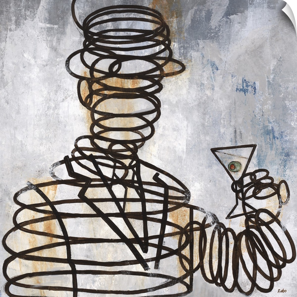 Contemporary painting of a male figure comprised of metal springs, holding a martini.