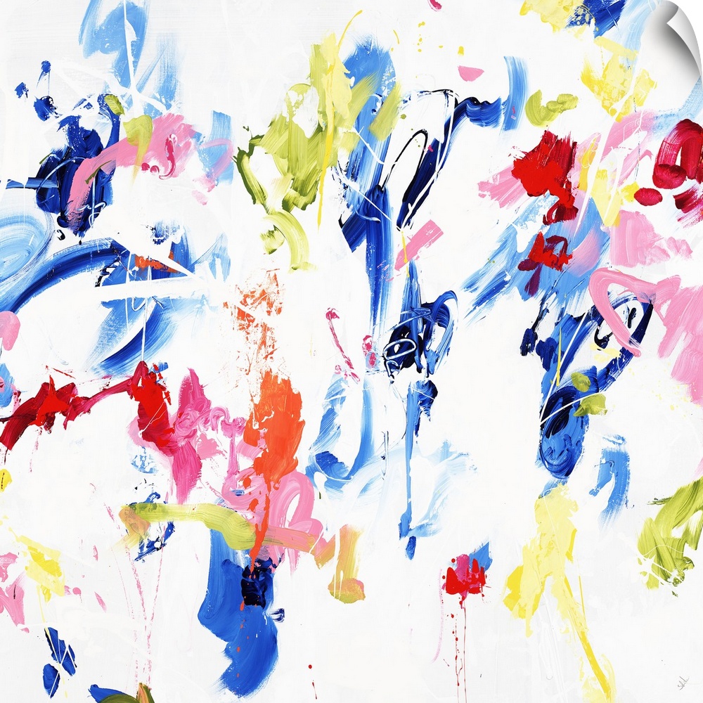 A contemporary abstract painting of various vibrant colors dancing around a white space.