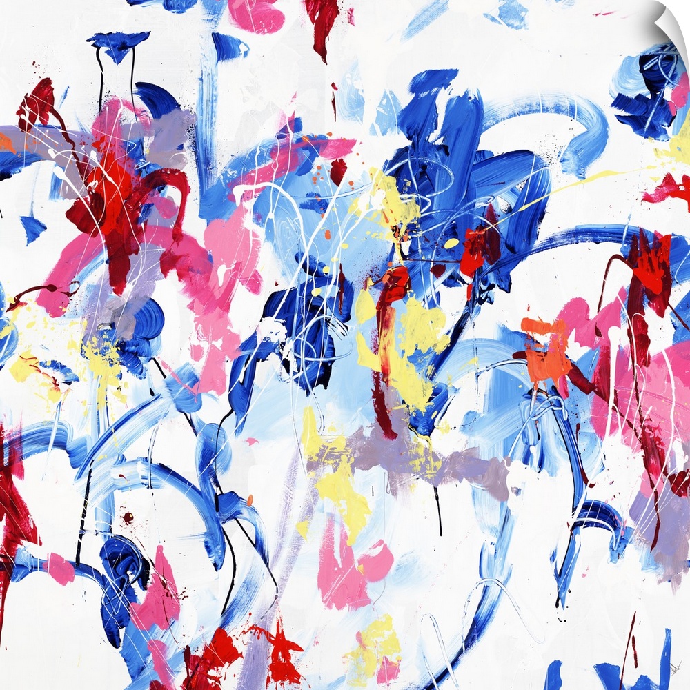 A contemporary abstract painting of various vibrant colors dancing around a white space.