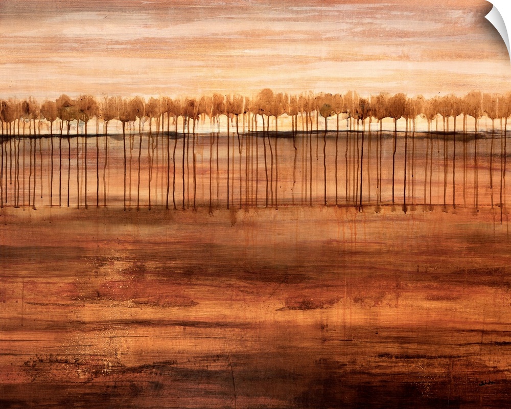 Abstract grungy painting of trees planted in the ground at the top and their roots running down through the ground.
