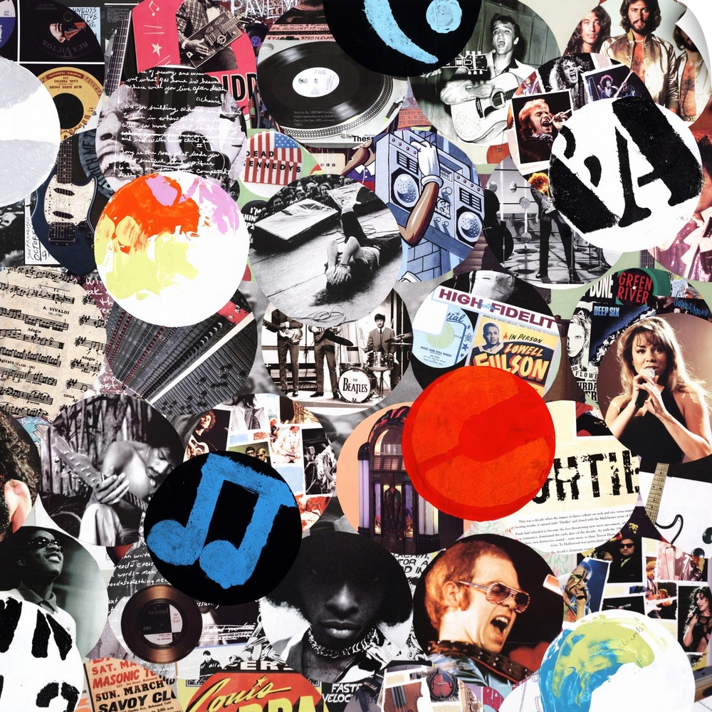 A square collage of circular images of music and musicians.