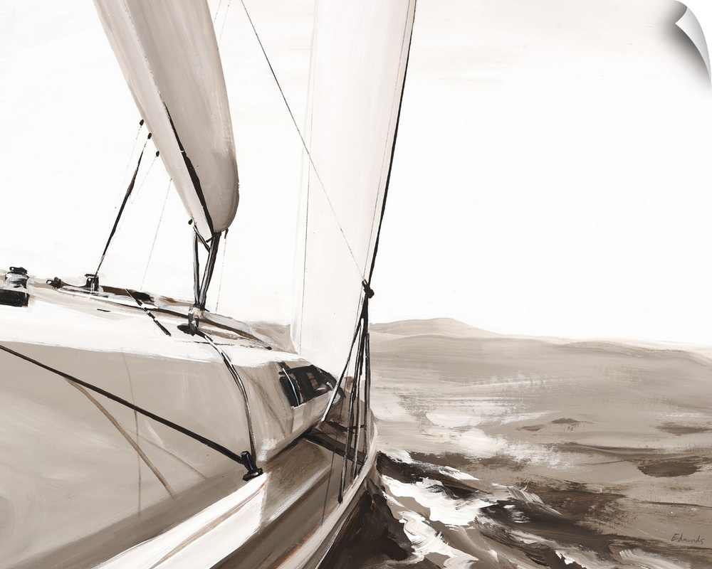 Sepia toned painting of the side of a sailboat going through rough waters.