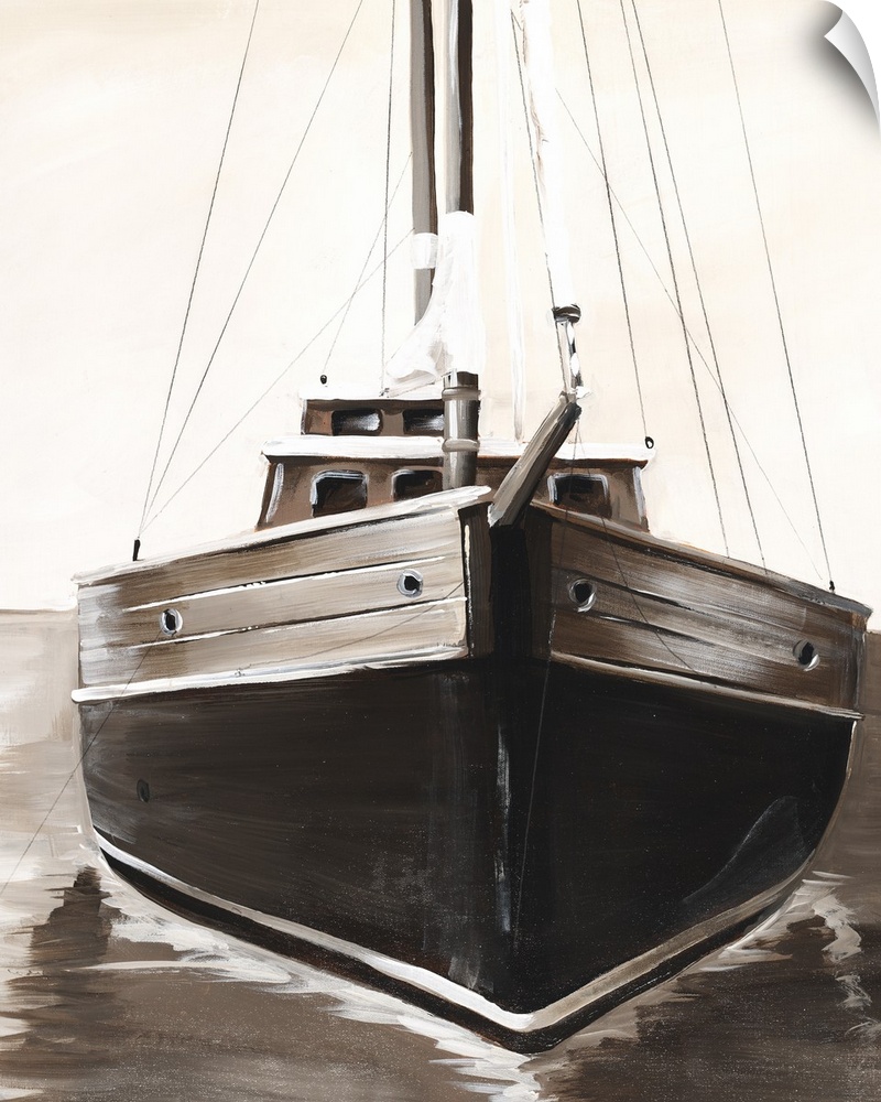 Sepia toned painting of the front of a sailboat.