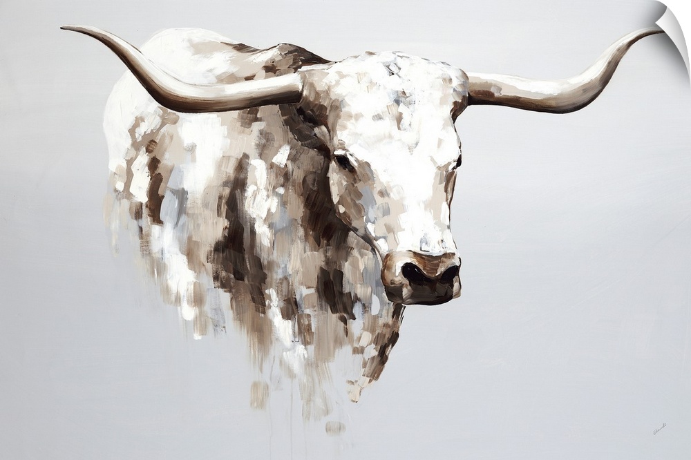 Contemporary painting of a longhorn cow in cream and brown.