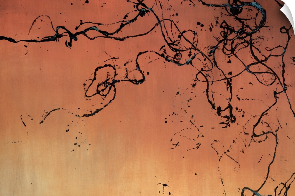 Contemporary abstract artwork featuring wild dark lines splattered across a warm gradient background.