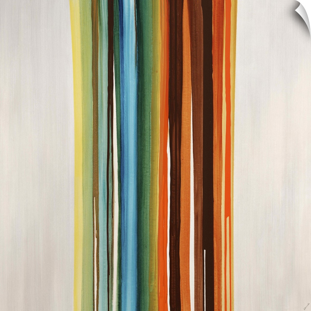 Modern art of a cluster of vertical multicolored stripes that are side by side on a light, neutral background.