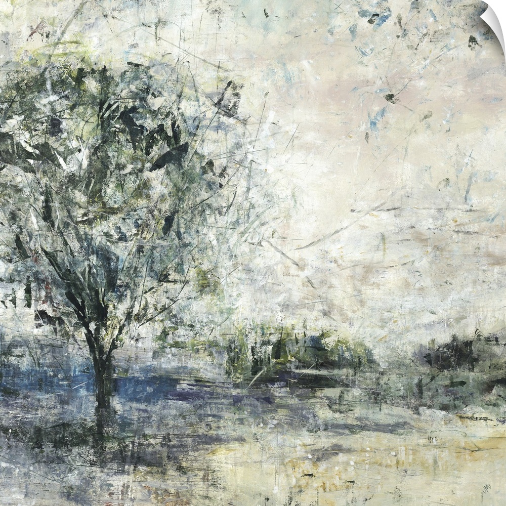 An abstract landscape of a field and tree in textured brush strokes.