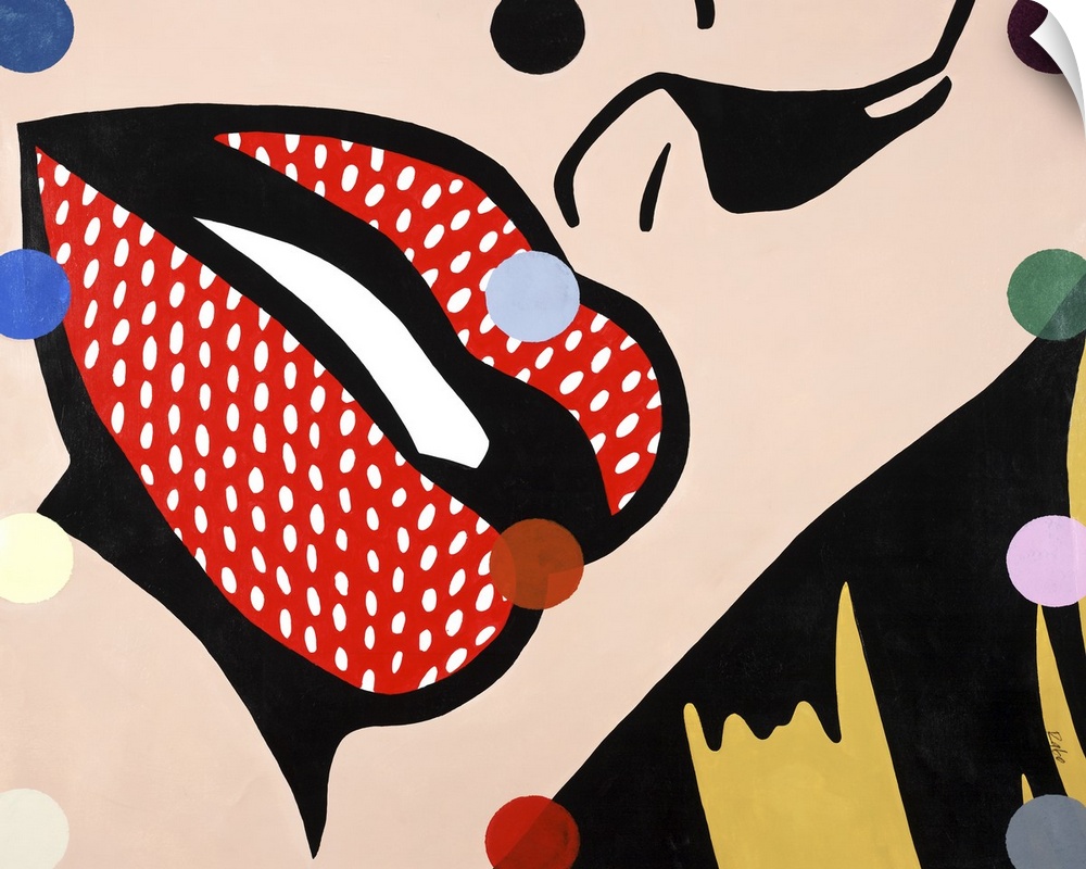 Pop art style painting with a close up of a woman's face highlighting her red lips, with white dots on top and colorful do...