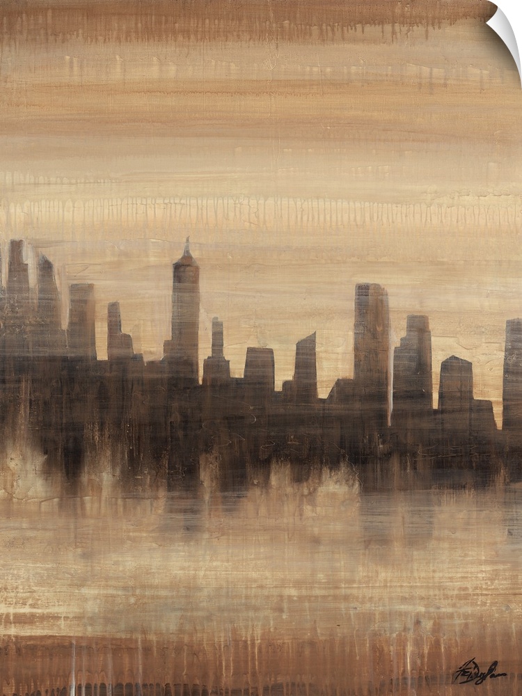 Contemporary painting of a city skyline silhouette casting a faded reflection.