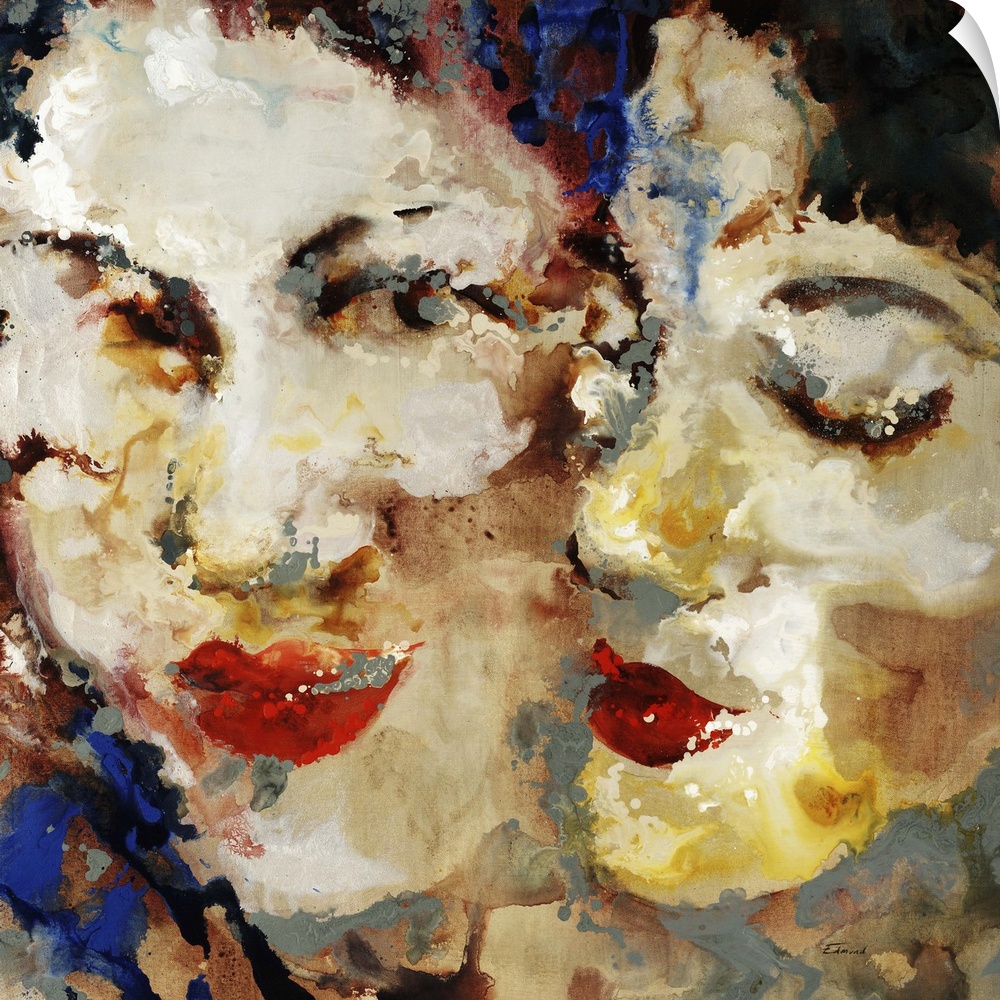 Contemporary painting of two female faces pressed next to each other, each with dark hair and bright red lips.