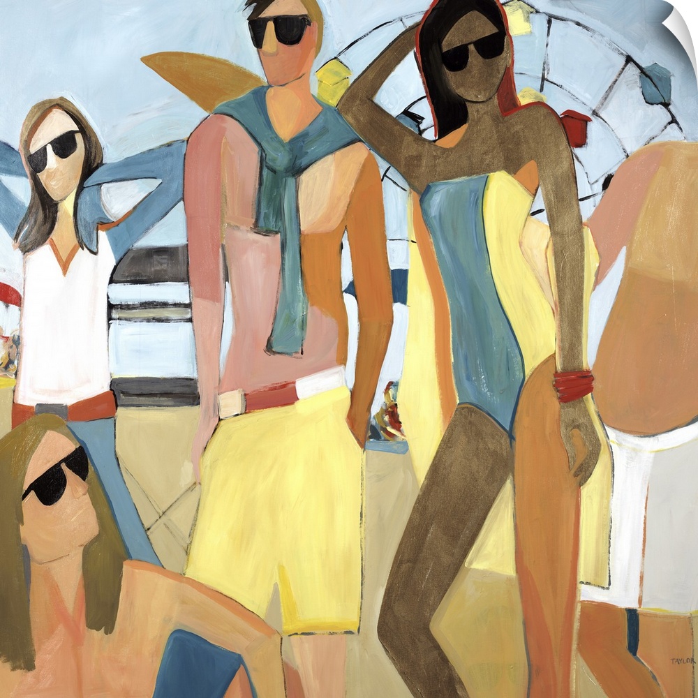 Contemporary painting of cool people wearing summer attire and sunglasses.