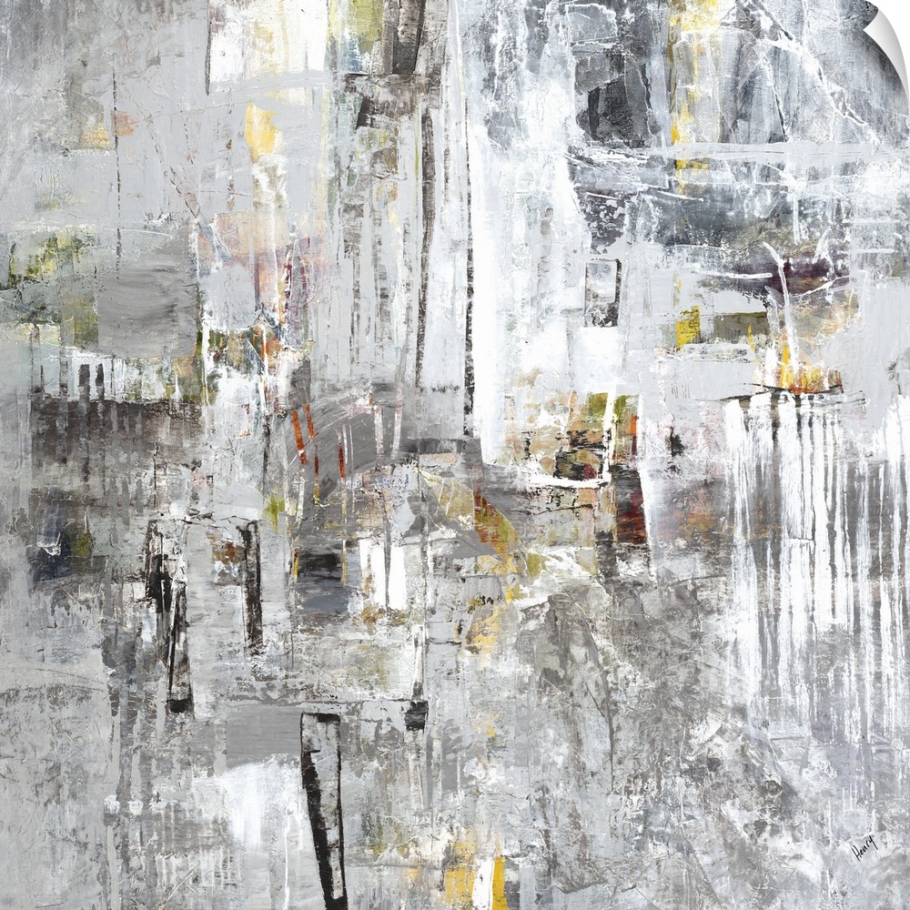 Abstract painting of silver textured brush strokes with yellow accents.
