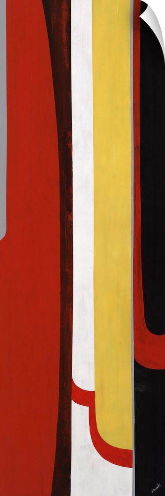 Abstract painting with a mid-century feel of bold colors in thick vertical lines.
