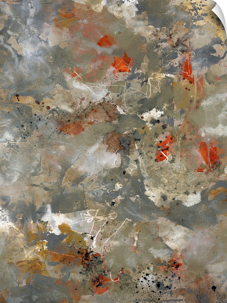 Big abstract painting on canvas of blotches of color layered on top of a grungy neutral background.
