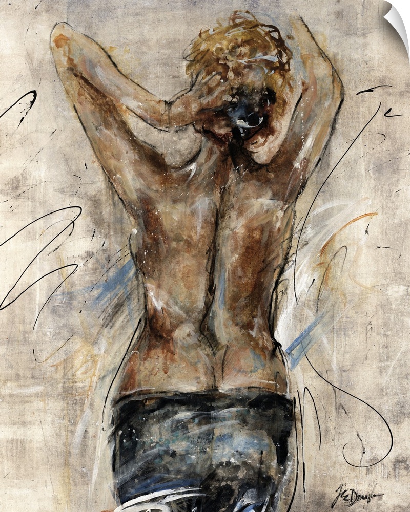 Vertical, figurative artwork on a large canvas of the back of a woman, from the thighs up, wearing nothing but tight pants...