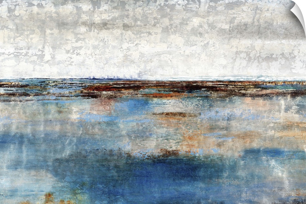 Contemporary artwork of a blue landscape under a white cloudy sky.
